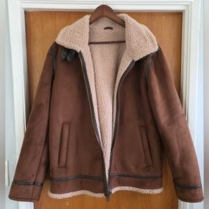 Men's Vegan Suede Sherpa XL Brown Jacket Black Rivet Aviator Pilot